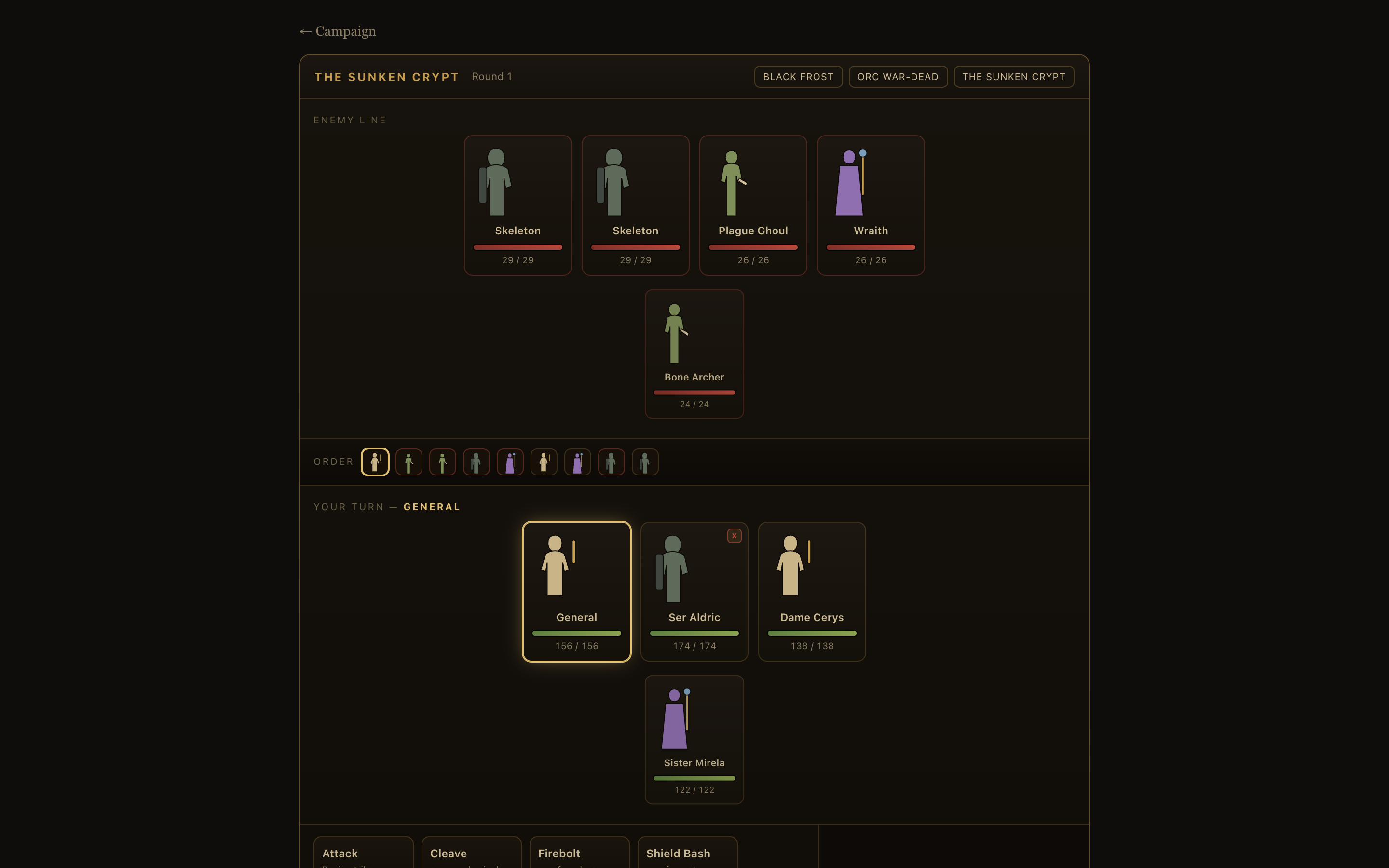 Positionless rank combat — the General and Captains fight a crypt's undead with skills, statuses and potions